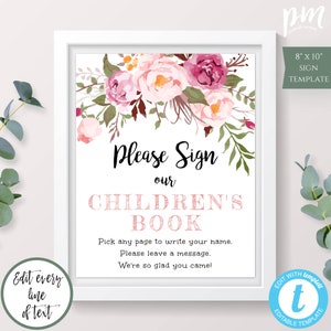 Pink Floral Shower Guestbook Sign Template, Please Sign Our Children&#39;s Book, Please Sign Our Baby Book, DIY Printable + Editable Sign, BSBH