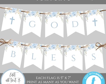 Blue Floral God Bless Banner Template for Boy Baptism, Editable Blue Baptism Flags, Printable Blue Cross Banner, DIY Communion Flags, BBB