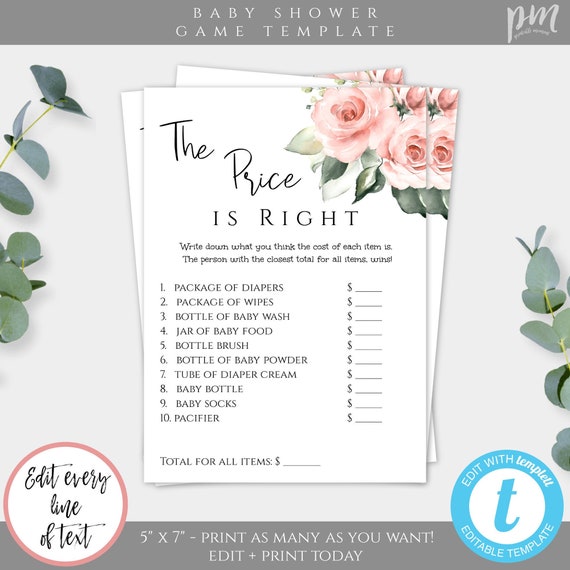 Pink Floral The Price is Right GameTemplate for Baby Shower, Editable Shower Game, Baby Girl Shower Printable, Baby Price is Right, BSBPF