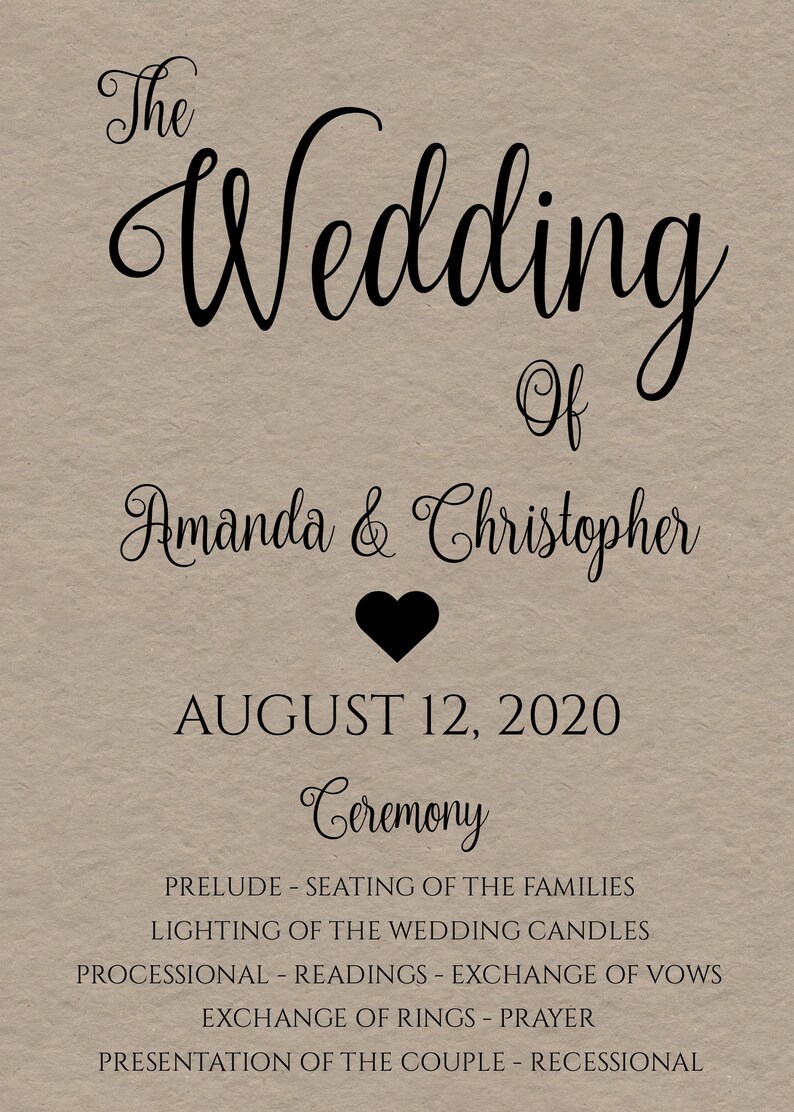 May include: A wedding announcement for Amanda and Christopher, taking place on 12 August 2020. The announcement includes the ceremony details: prelude, seating of the families, lighting of the wedding candles, processional, readings, exchange of vows, exchange of rings, prayer, and presentation of the couple.