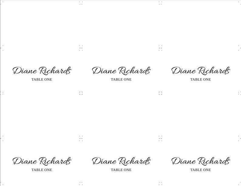 May include: Six place cards with the name "Diane Richards" and the text "Table One" printed on each card.