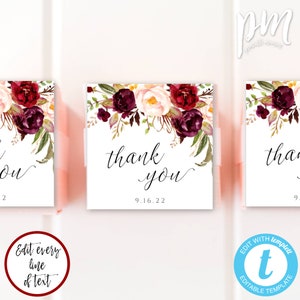 Burgundy Floral Thank You Sticker Label Template for Wedding or Bridal Shower, DIY Printable Labels, 2" x 2" PDF Edit Yourself, WBMB