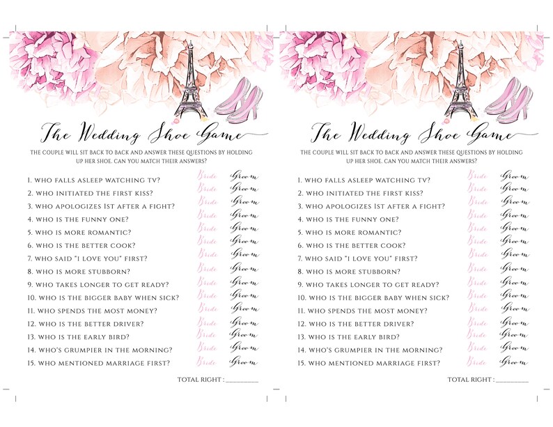 PARIS Wedding Shoe Game Template For Bridal Shower Printable | Etsy