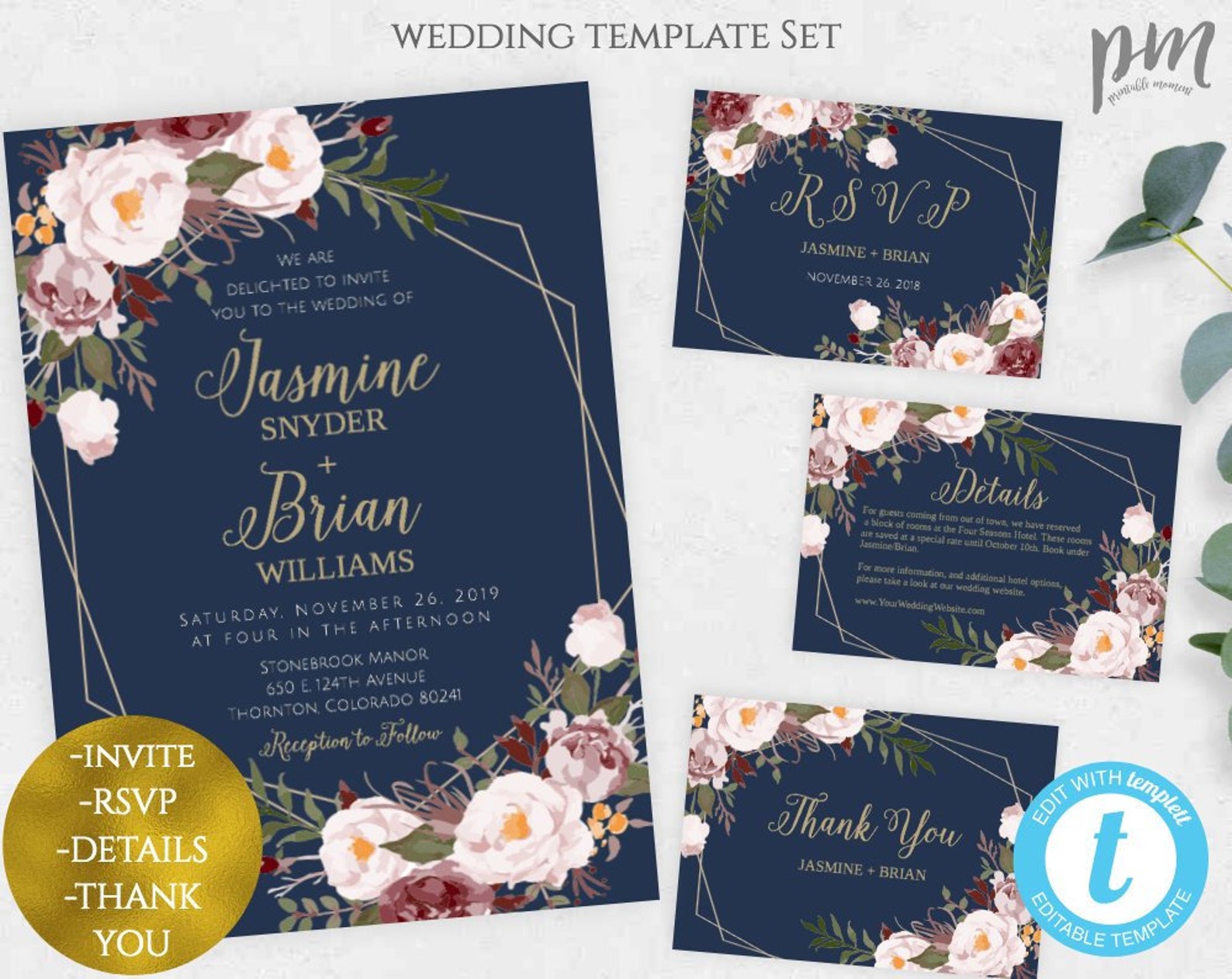 Navy and Gold Wedding Template Invitation Set Marsala Wedding - Etsy