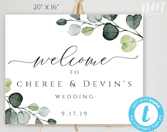 Wedding Welcome Sign Template, Editable Greenery Welcome Sign, Printable Eucalyptus Welcome Sign, Boho Welcome To Our Wedding Sign, WBGE