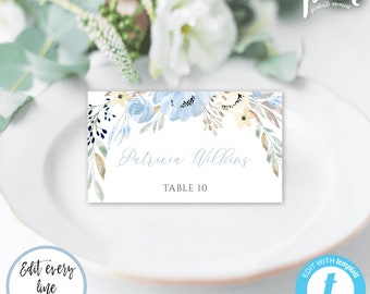 Blue Floral Place Card Template for Boy Baptism, Editable Blue Baptism Table Setting, Printable Place Card, DIY Communion Seating Chart, BBB