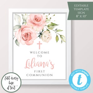 First Holy Communion Welcome Sign Girl, 8x10 Printable Sign for Girl First Communion, Editable Pink Floral First Communion Sign Decor, BAP9