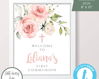 May include: Printable 8x10 inch sign with a pink floral design and the text "Welcome to Liliana's First Communion".