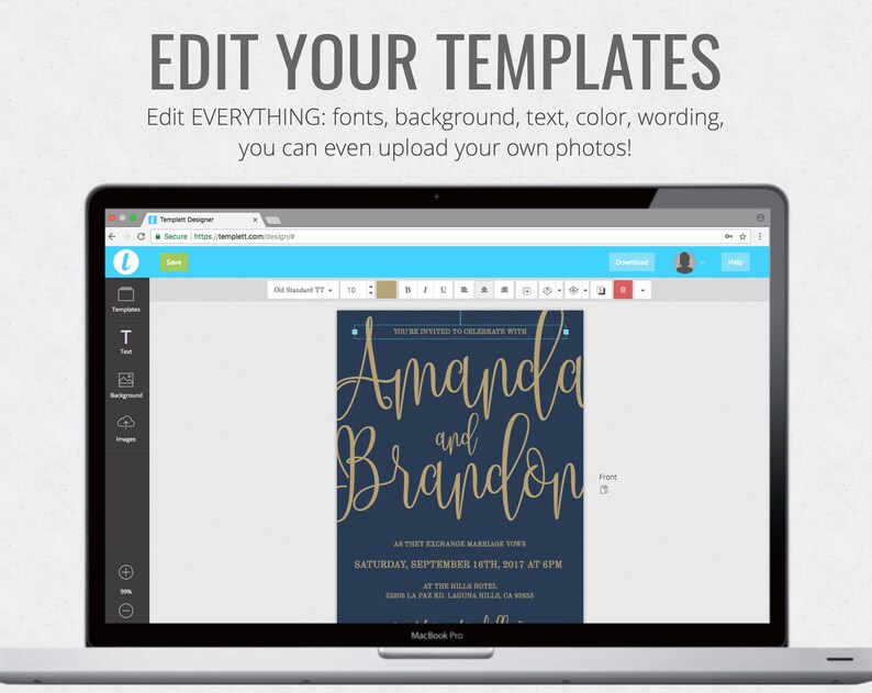 May include: A screenshot of a computer screen displaying a website for designing and editing wedding invitations. The website has a blue background and a white menu bar. The invitation template is for a wedding with the names Amanda and Brandon in gold script font on a dark blue background. The text "You're invited to celebrate with Amanda and Brandon" is at the top of the invitation. The date and time of the wedding are listed below the names. The text "As they exchange marriage vows" is below the date and time. The text "Saturday, September 16th, 2017 at 6 PM" is below the text "As they exchange marriage vows". The text "At The Hills Hotel" is below the date and time. The text "2000 La Paz Rd, Laguna Hills, CA 92653" is below the text "At The Hills Hotel".