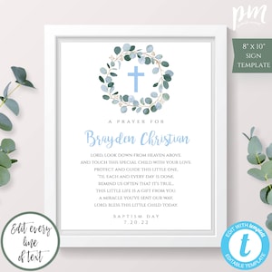 Blue Personalized Baby Baptism Prayer Sign Template for Boy, DIY Editable Greenery Baby Shower Sign, Printable Baptism Decor Download, BAP2