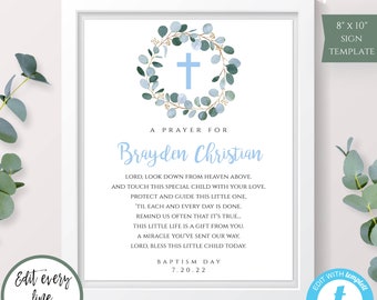 Blue Personalized Baby Baptism Prayer Sign Template for Boy, DIY Editable Greenery Baby Shower Sign, Printable Baptism Decor Download, BAP2