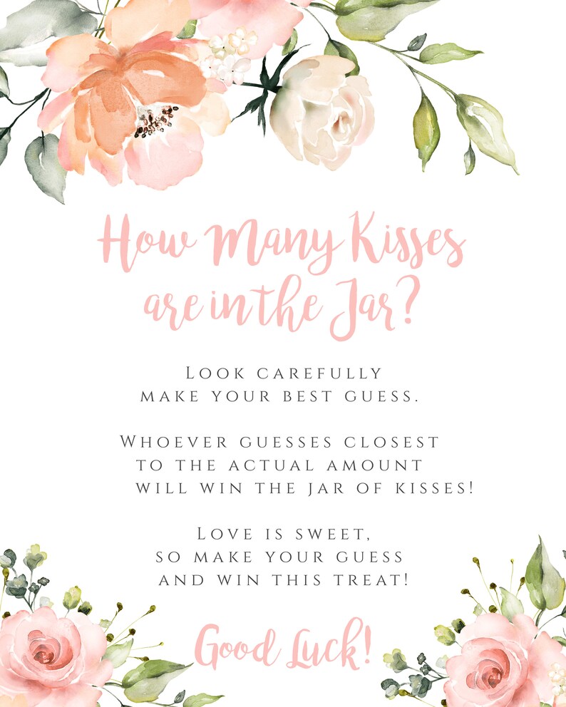 Guess How Many Kisses Bridal Shower Game Set - 1 Sign & 50 Cards, Pink Floral Wedding Party Activity - View #4