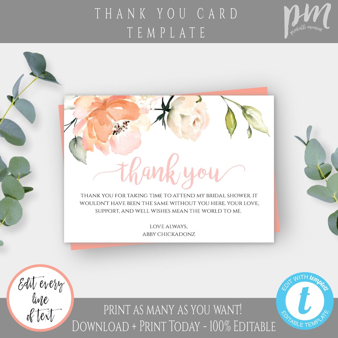 Peach Floral Thank You Card Template for Bridal Shower, Printable Thank ...