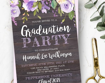 Purple Rustic Floral Graduation Invitation Template, Graduation Party Invitation for Girl, High School Grad, College Grad, Printable Invite