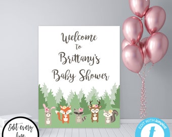 Wald Mädchen Baby Dusche Willkommen Zeichen Vorlage, Willkommen Baby Dusche Zeichen, Wald Willkommen Poster, Wald Tier Baby Dusche Zeichen, BSW3