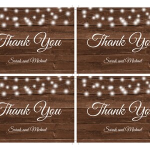 May include: Four thank you cards with a rustic wood background. The words "Thank You" are in elegant white script, with "Sarah and Michael" below. White string lights are at the top.