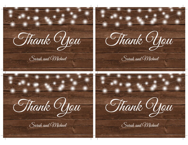May include: Four thank you cards with a rustic wood background. The words "Thank You" are in elegant white script, with "Sarah and Michael" below. White string lights are at the top.