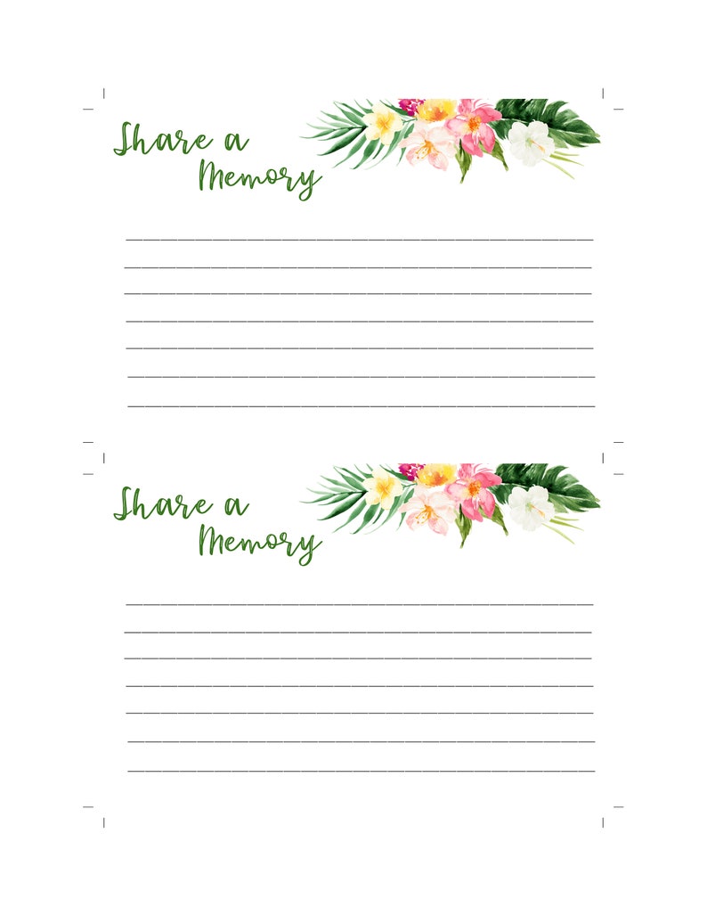 Hawaiian Funeral Share A Memory Sign Card Templates Instant Etsy