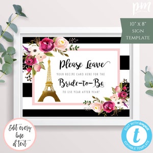 Paris Recipe Card Sign Template, Editable Bridal Shower Decor, Instant Download, Wedding Shower Sign, Eiffel Tower Sign, WSPBW