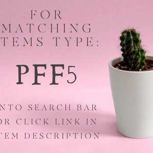 May include: A pink background with white text that reads "FOR MATCHING ITEMS TYPE: PFF5 INTO SEARCH BAR OR CLICK LINK IN ITEM DESCRIPTION". A small green cactus in a white pot is on the right side of the image.