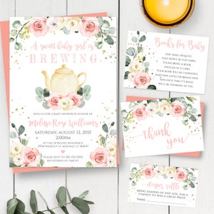 Eucalyptus A Baby Is Brewing Invitation Template Set, Editable Baby Shower Invite With Watercolor Pink Flowers, Printable Tea Party Invite