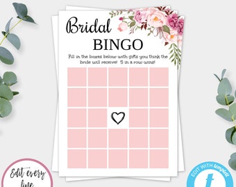 May include: A bridal shower game template with the title "Bridal BINGO" in a stylish font. The game board features pink squares and a heart in the center. Floral accents in pink and white adorn the top. The text "Edit every line of text" is also visible.