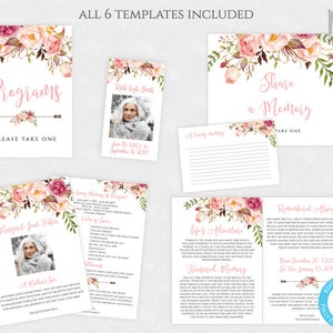 Peach Floral Obituary Program Set Downloadable Funeral Template Loving Memory Funeral Printable Editable Celebration of Life Template PFF3