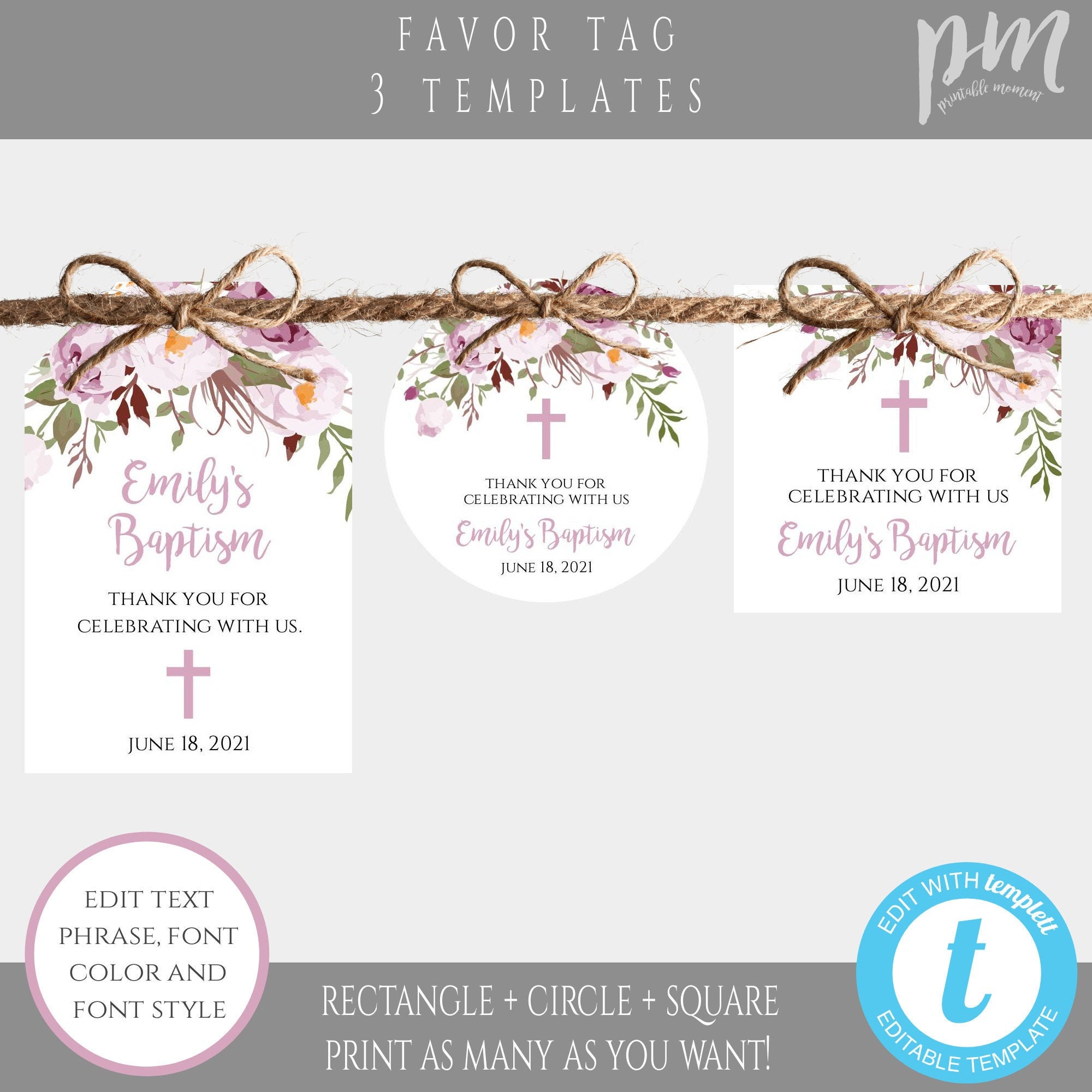 Purple Floral Baptism Favor Tag Template Set Printable Thank | Etsy