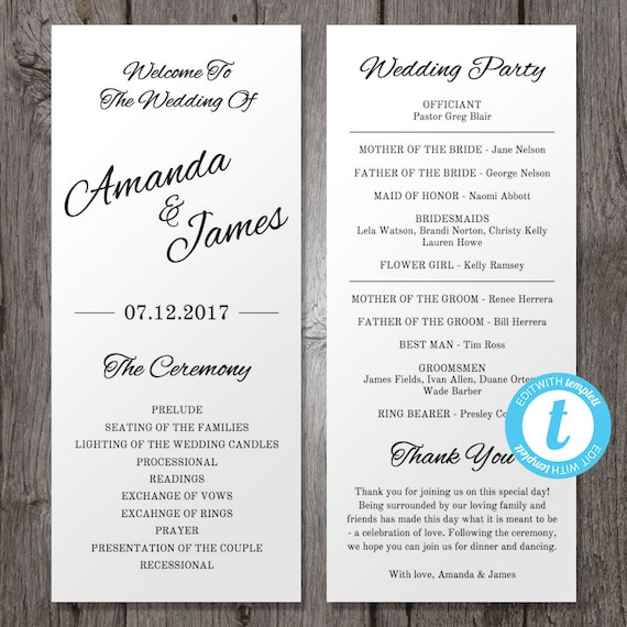 Wedding Program Template Editable Printable Tea Length Etsy