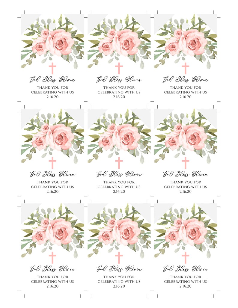 K&ouml;nnte beinhalten: Neun rosa und wei&szlig;e florale Gef&auml;lligkeitskarten mit einem Kreuz und dem Text "God Bless Olivia" und "Vielen Dank f&uuml;r das Feiern mit uns 2.16.20".