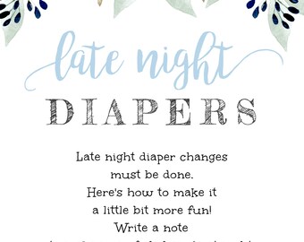 Late Night Diapers Baby Shower Game Set - Gold Foil Sign & 20 Greenery Note Cards