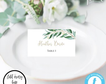 Greenery Wedding Place Card Template Escort Cards Printable Place Cards Greenery Place Cards, Folding Tent Style Place Cards CUT + FOLD WBWG