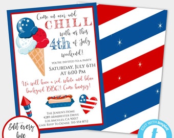 Fourth of July Invitation Template, July 4th BBQ, 4th of July Party Invite, Fourth of July Barbecue, Editable Invitation Instant Download