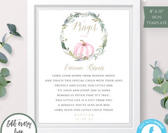 Editable Pink Pumpkin Baptism Prayer Poem Template, Personalized Prayer Sign for Girl, DIY Fall Baptism Gift, Printable Baptism Sign, BAP15