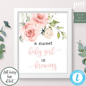 A Sweet Baby Girl is Brewing Sign Baby Shower Template, Printable Pink Floral Tea Party Shower Decor, Editable Baby Girl Shower Sign, BSBP