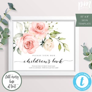 Pink Floral Shower Guestbook Sign Template, Please Sign Our Children&#39;s Book, Pink Floral Baby Book Sign Template, Edit + Print Yourself BSP3