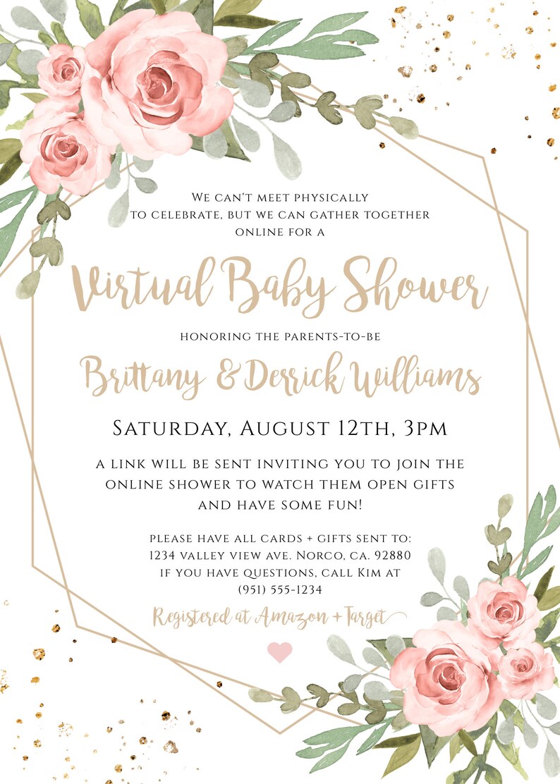 Virtual Baby Shower Invitation Template Editable Pink Floral Etsy