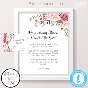 Pink Floral How Many Kisses Are in the Jar Bridal Shower Game Sign + Card Template, Guess How Many Kisses Game, Edit + Print Yourself, WSBH