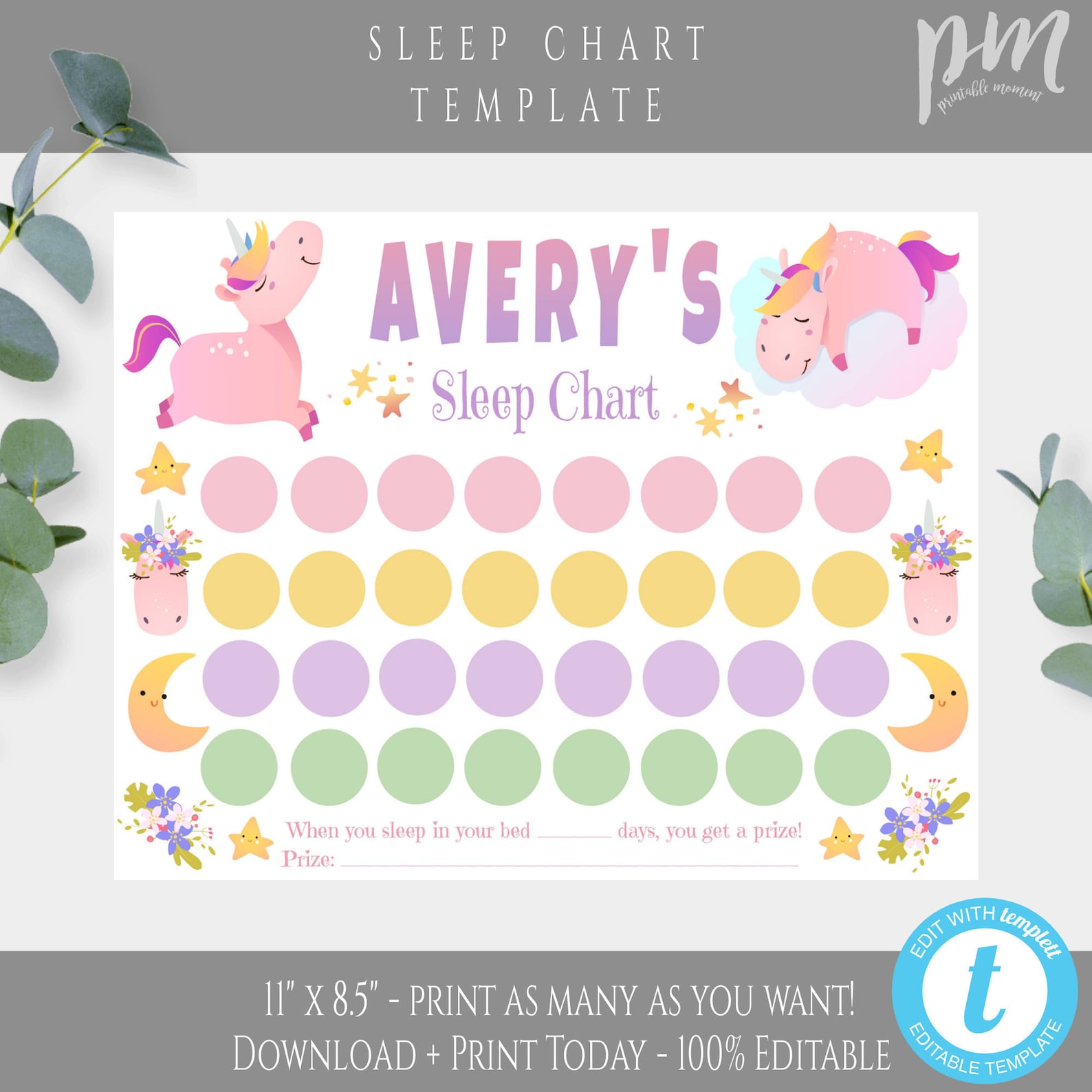 Sleep Chart Toddler Template for Girl Unicorn Sleep Reward Etsy