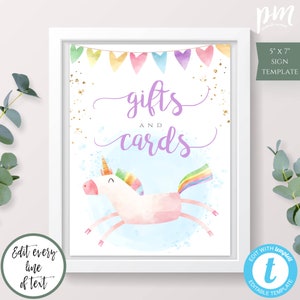 Unicorn Gifts + Cards Sign Printable Template for Girl&#39;s Birthday, Printable Unicorn Party, Magical Birthday, Rainbow Gold Glitter Sign, BPU