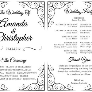 K&ouml;nnte beinhalten: Ein Hochzeitsprogramm mit schwarzem Text auf wei&szlig;em Hintergrund. Das Programm enth&auml;lt die Namen des Brautpaares, Amanda und Christopher, das Hochzeitsdatum, 07.12.2017, die Zeremoniedetails und die Hochzeitsgesellschaft.