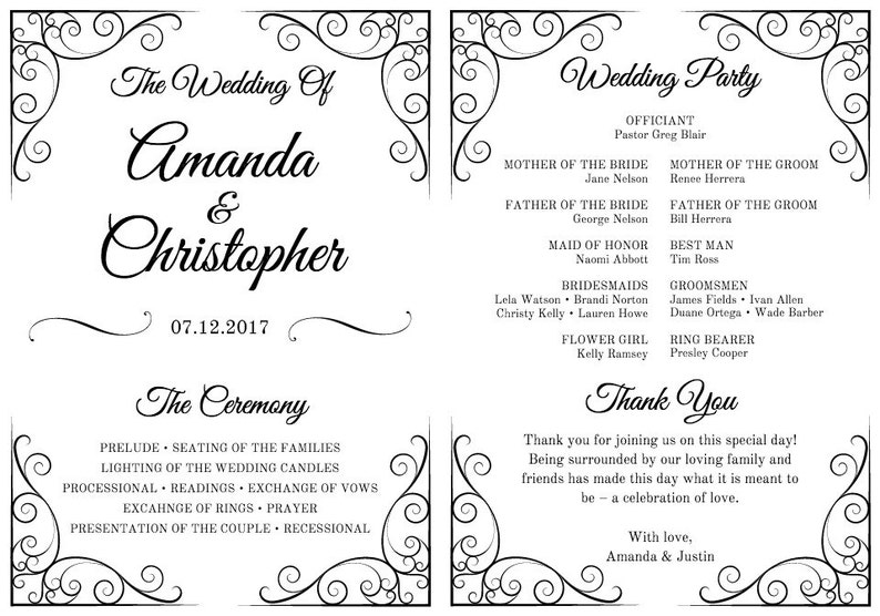 K&ouml;nnte beinhalten: Ein Hochzeitsprogramm mit schwarzem Text auf wei&szlig;em Hintergrund. Das Programm enth&auml;lt die Namen des Brautpaares, Amanda und Christopher, das Hochzeitsdatum, 07.12.2017, die Zeremoniedetails und die Hochzeitsgesellschaft.