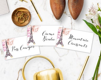 Paris Buffet Food Label Kartenvorlage, Eiffelturm-Zelt-Falt-Lebensmitteletiketten, französisches Thema Hochzeitsdusche DIY bearbeitbares Dekor, Babyparty BSPP