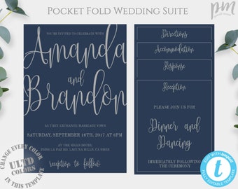 Navy And Silver Wedding Pocket Fold Invitation Suite Template, Printable Wedding Invitation Set, Calligraphy Invite, Edit + Print, WBNS
