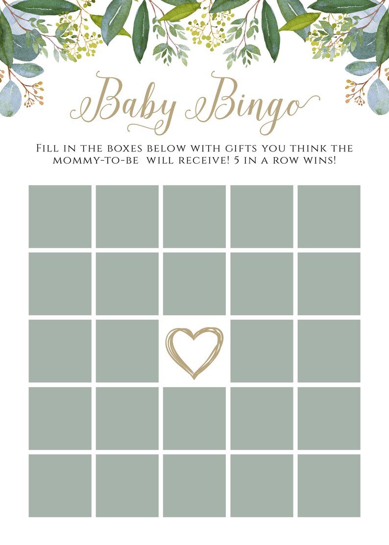 Greenery Baby Shower Bingo Game Template Editable Printable Etsy