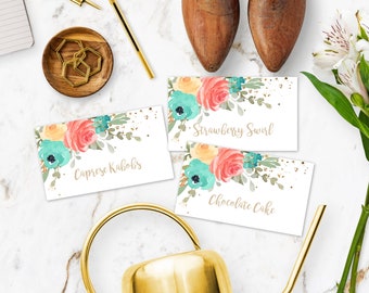 Mint + Coral Watercolor Flower Food Label Card Template, Editable Tent Fold Buffet Card, DIY Printable Food Card for Shower or Party, BSMC