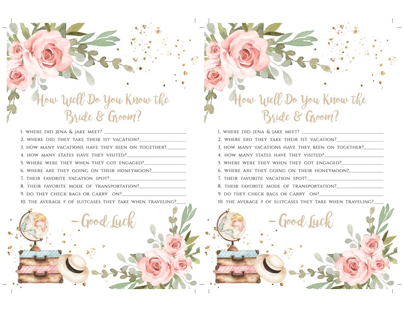 Traveling From Miss to Mrs How Well Do You Know The Bride and Groom Game Template, Editable Pink Floral Bridal Shower Game, Suitcase, TBSP image 4