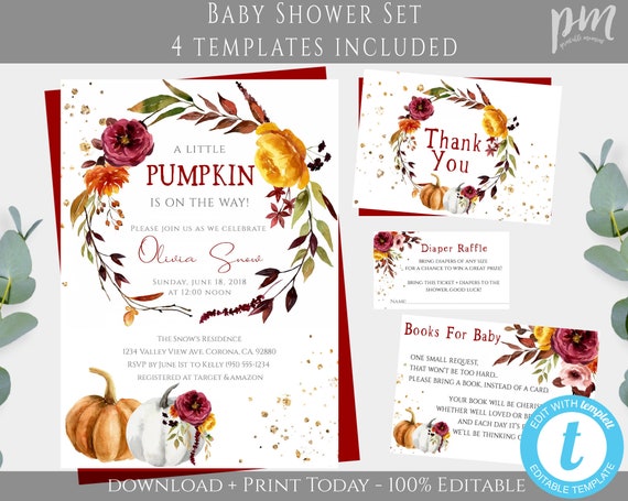 Pumpkin Baby Shower Invitation Template Set Printable Baby Shower BundlE Editable Fall Baby Shower Invite A Little Pumpkin Is On The Way FBS
