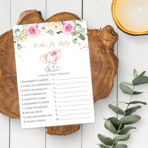 Pink Floral Elephant Wishes For Baby Template, My Wish For You Sweet Baby, Editable Baby Shower Activity, Watercolor Printable, PES