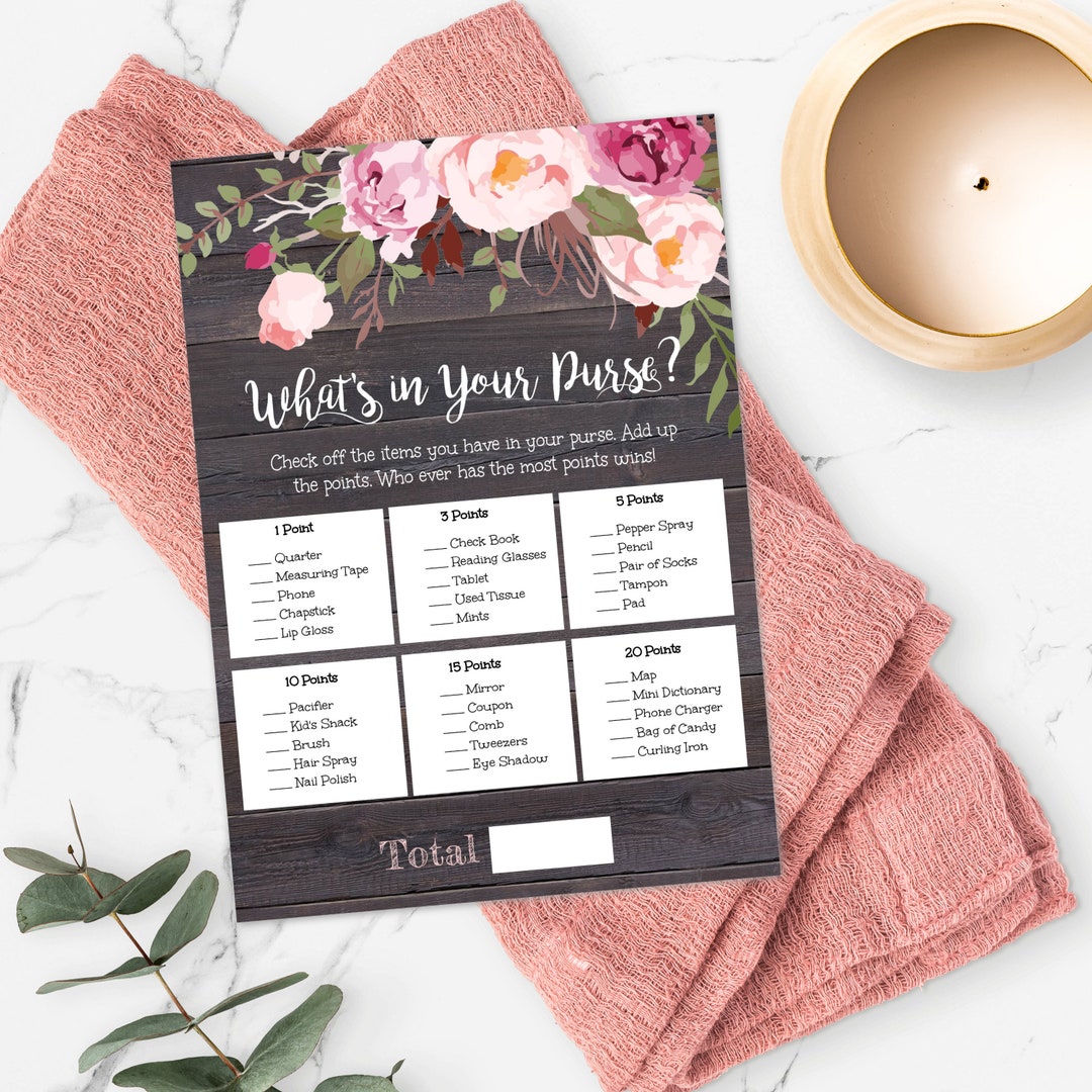 Rustic Floral What's in Your Purse Game Template, Editable Baby Shower ...